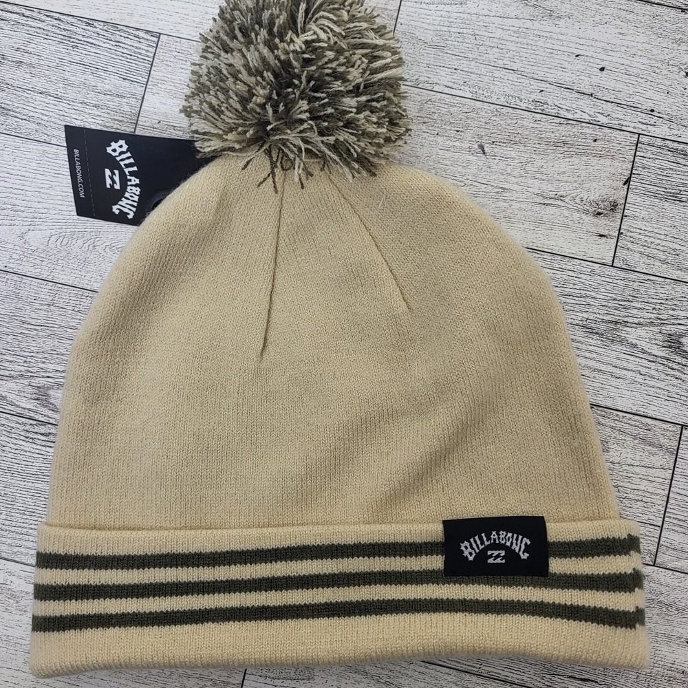 Billabong Men's Arch Logo Pom Beanie Chino Winter Hat Tan Olive Stripe OSFM NWT